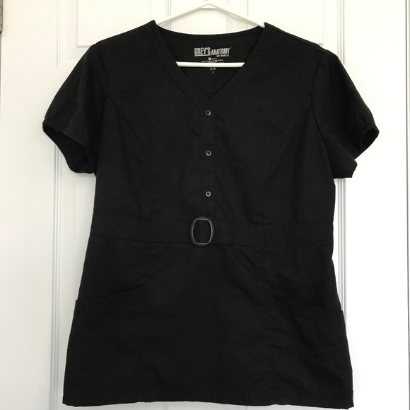 Grey's Anatomy Scrub Top Black L Front Pockets Half Button Waist Accent - Picture 2 of 16